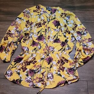 J for Justify Young Contemporary Purple Yellow 3/4 Sleeve Tie Front Blouse